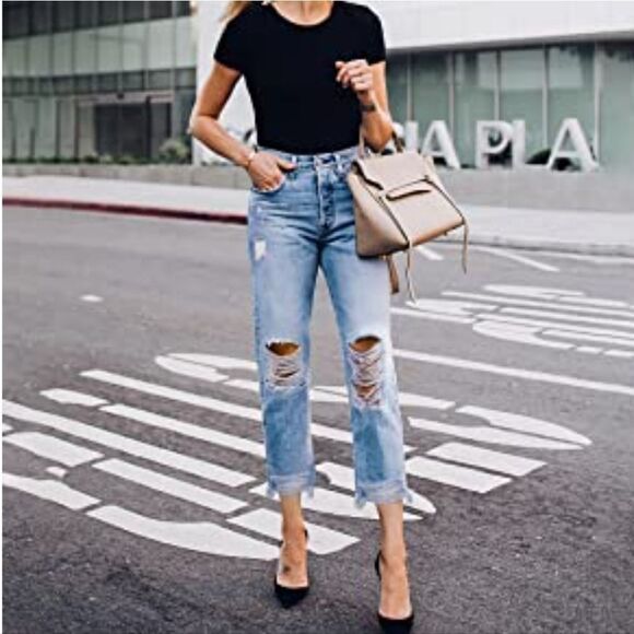 HDLTE Women Ripped Jeans Distressed Boyfriends Jeans Frayed Ankle Skinny Denim - Picture 3 of 10